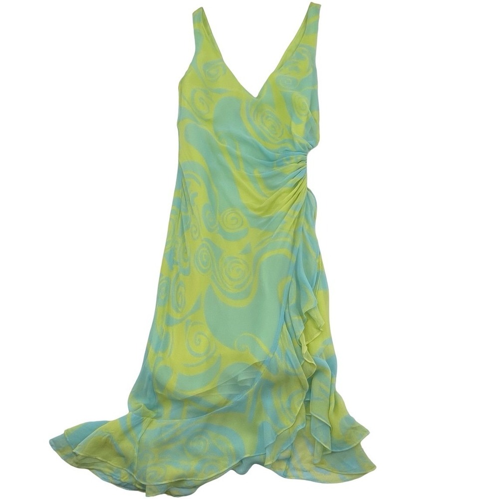 Jones New York Women Dress Midi Ruffle Lime Green Blue Silk Size 6